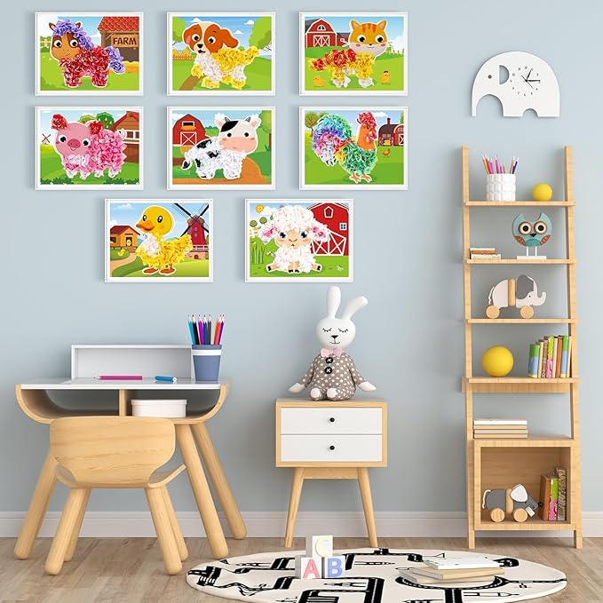 Lonfliness 8PCS Poke-in Craft and Art Kit for Kids No-Mess Fabric Sewing Art Girls Boys 4-12 Puzzle Puncture Painting DIY Toy Gifts for Creative Activity Game Birthday Party (Farm Animal)