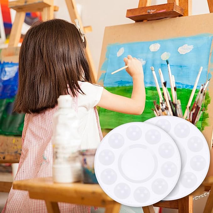 50Pcs Paint Palette Trays, 10-Well Plastic Paint Tray with Central Mixing Area, Reusable Watercolor Palette for Artists, Kids, Classroom, DIY Crafts, Cupcake Decorating (6.6 x 6.6 Inches)