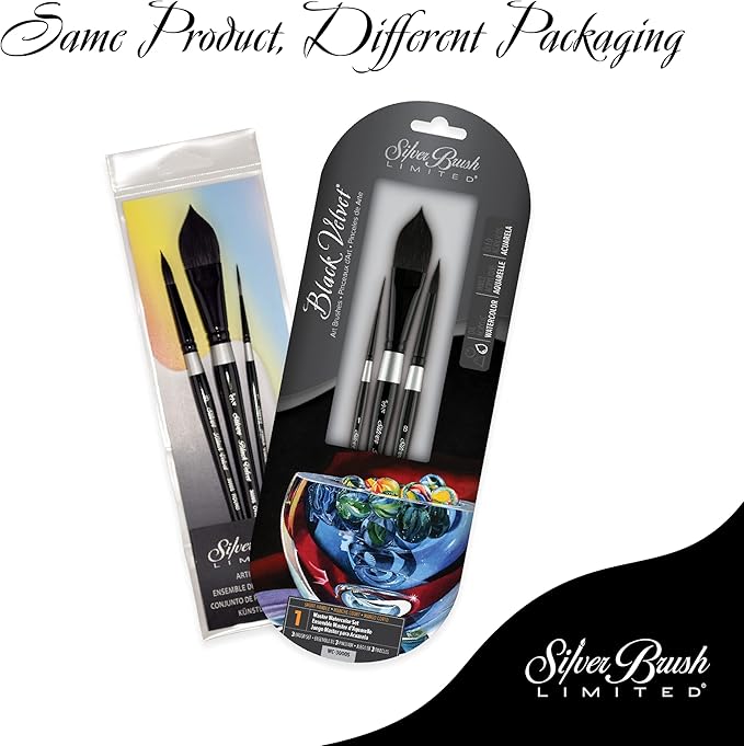 Silver Brush Limited WC-3000S Black Velvet Master Watercolor Set, Set of 3, Size 3/4 Inch Oval Wash, Size 8 Round, and Size 1 Script Liner Paintbrushes, Short Handle