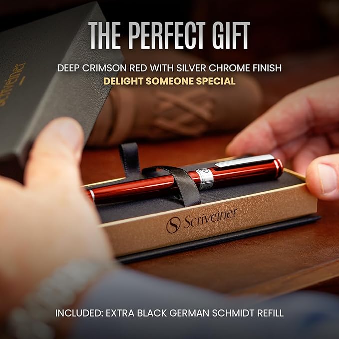 Scriveiner Deep Crimson Red Rollerball - Stunning Red Lacquer Luxury Pen with Chrome Finish, Schmidt Ink Refills, Roller Ball Pen Gift Set for Men & Women, Professional, Executive, Office, Nice Pens