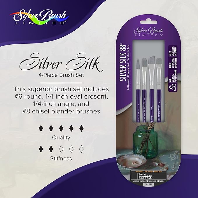 Silver Brush Limited SK-8113S Silver Silk 88 Variety Set, 4pc Short Handle Premium Paintbrushes for Acrylic, Watercolor, Gouache, Inks, & Dyes, Round, Oval Cresent, Angle, and Chisel Blender Brushes