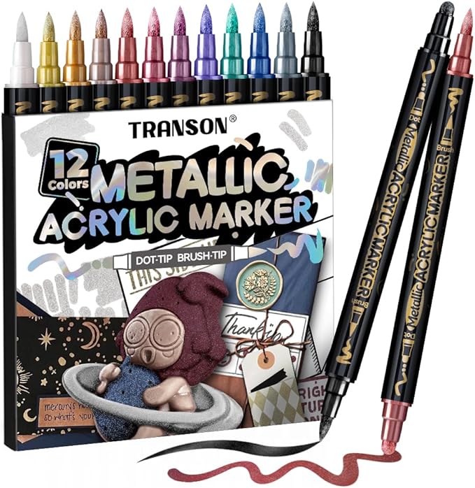 TRANSON 12Colors Metallic Paint Markers Bold and Brush Dual-tip for Rock Wood Ceramic Canvas DIY Painting Drawing