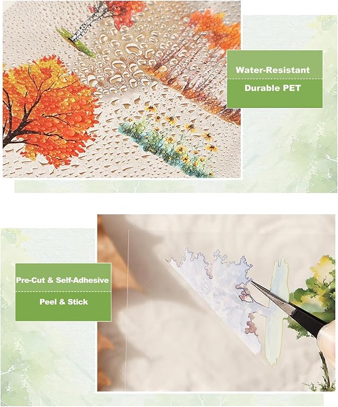 24 Sheets Seasonal Tree PET Stickers Set, Four Seasons Forest & Blossom Designs - Waterproof Pre-Cut Art for Scrapbook Journals Planners DIY Décor