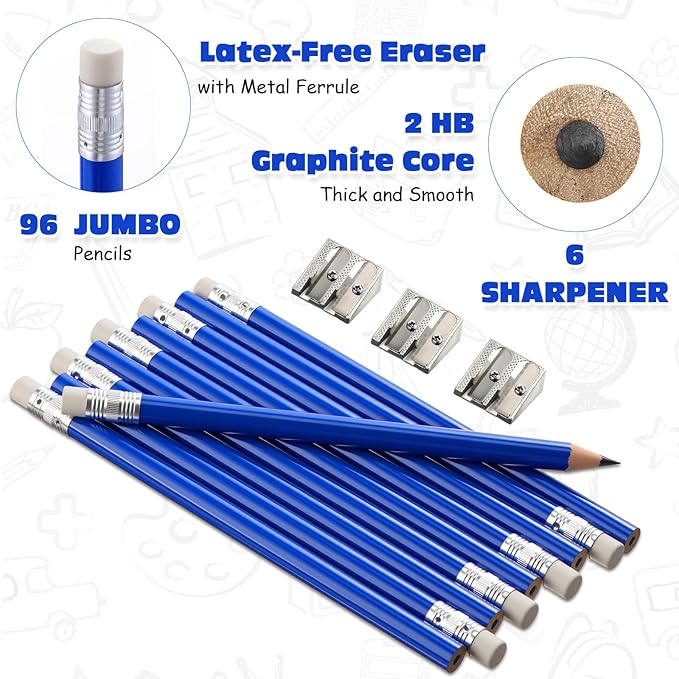 Fainne 102 Pcs Bulk Thick Jumbo Graphite Pencils Set 96 Fat Giant Large Pencils and 6 Sharpeners Enhanced Grip for Art Drafting Writing Drawing Office and Home Use(Blue,Round)