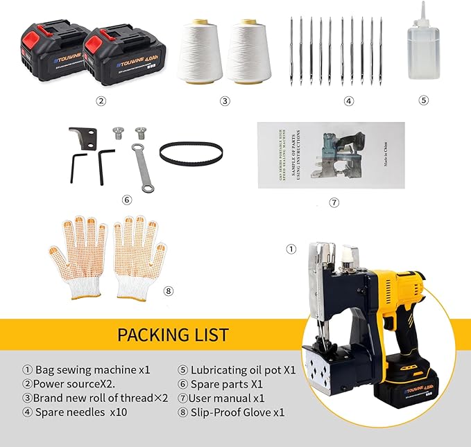 Cordless Bag Sewing Machine Includes 2×4000mAh Rechargeable Batteries,Take 2 Spools of Thread And 10 Needles,Portable Bag Closer Machine for Burlap Bag,Tote Bag,Grain Bag