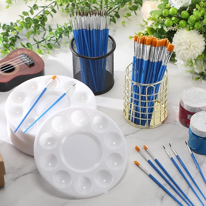 150 Pcs Painting Brushes Palettes Set 100 Watercolor Paint Brushes 50 Tray Palettes Art Classroom Supplies Paint Party Favors for Adults Students Classroom Birthday Party(Blue)