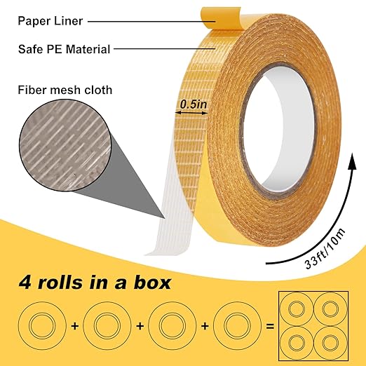 4 Pack， 0.5 in x 33FT/10m，Double Sided Fabric Tape Heavy Duty for Hem，Fashion Dress, Cloth， Curtains，High Adhesive Sticky but Removable and Residue Free, No Sewing or Ironing Need，Multipurpose,