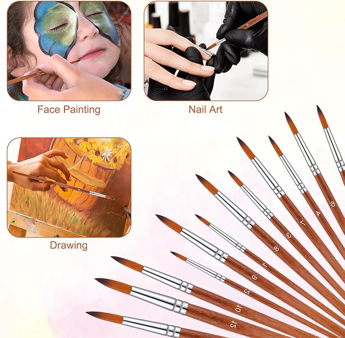 12PCS Acrylic Paint Brushes Set for Painting, Paintbrushes for Acrylic Paint Watercolor Painting Brushes for Adult Artist Watercolor, Acrylics, Ink, Gouache, Oil, Tempera Different Sizes (Brown)