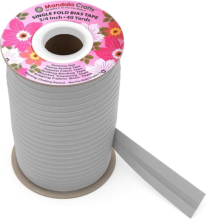 Mandala Crafts 3/4 Inch Single Fold Bias Tape for Sewing, Quilting, Piping, Hemming, Blanket & Quilt Binding – 40 Yards Gray Fabric Seam Binding Tape