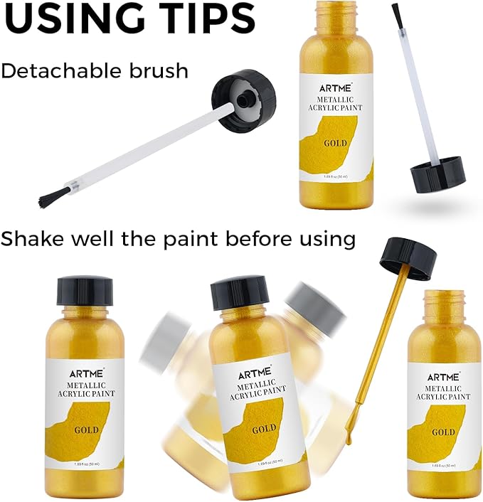 ARTME Liquid Gold Leaf Paint, 1.69 oz/50 ml Acrylic Metallic Gold Paint for Art Painting, Handcrafts, Non-Toxic, Non-Fading Touch Up Paints Ideal for Canvas, Wood, Fabric, Ceramic, Metal, Furniture