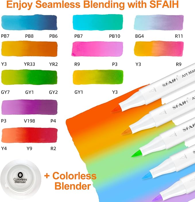 SFAIH 48 Colors Alcohol Markers - Dual Tips Art Set, Brush & Chisel Nibs, Ideal for Artists & Adults, Coloring, Drawing & Illustration, Includes 1 Blender