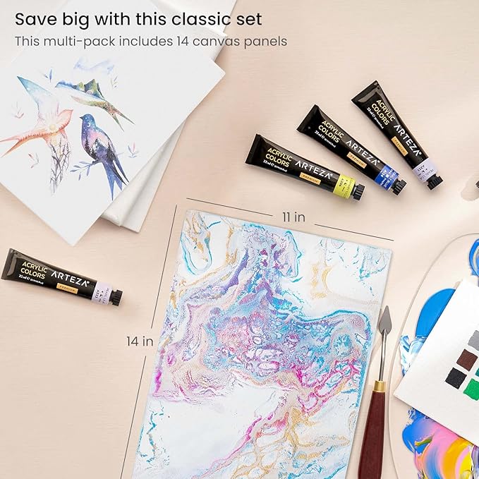 ARTEZA Canvas Boards for Painting, 11 x 14 Inches, Pack of 14, Blank White Canvas Panels for Acrylic, Oil, Gouache & Tempera Painting