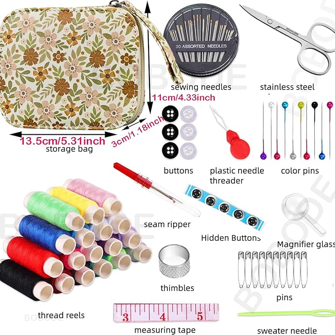 Arts Craft Printing Sewing Kit Floral Pattern Sewing Set Professional Travel Sewing Supplies with 18 Colors Sewing Thread, Basic Sewing Accessory for Emergency, Home