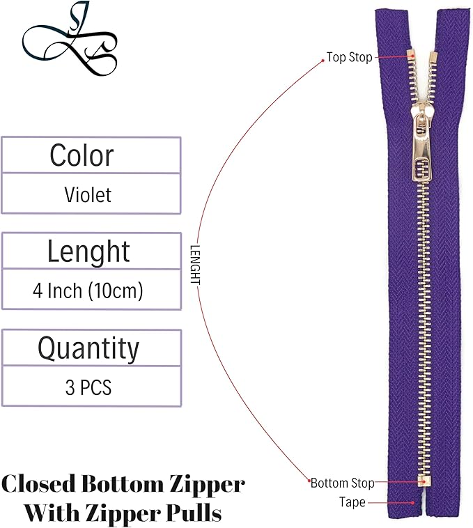 #5 Gold Metal Zipper - 50+ Colors - 3 PCS - (4-14 inches) Sizes - Luxury Lightweight Handcraft Metal Zippers with pulls for Purses Bags Pockets Shoes Sewing & Crafts DIY ZP02254