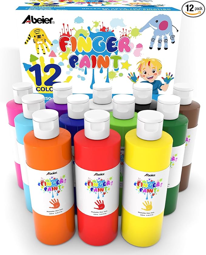 ABEIER Washable Finger Paint Bulk Pack for Toddlers, Safe Non-Toxic, 12 Vibrant Colors (8.45 Fl oz), Baby Safe Paint for Hand and Feet, Mess Free Art Supplies for Kids, Ages 1-3 4 5 6+