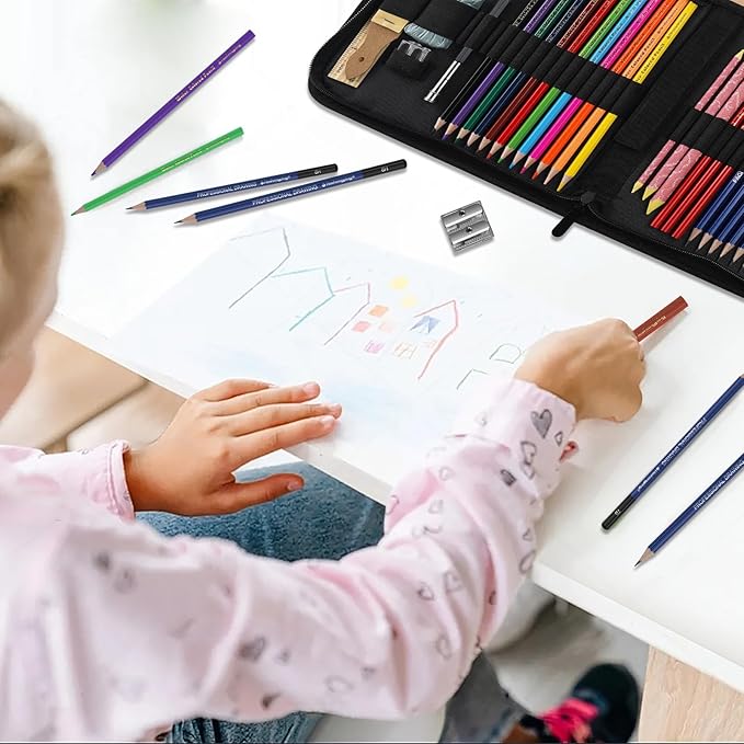 Heshengping 42 Pack Drawing Set Sketching Kit, Art Supplies with 3-Color Sketchbook, coloring book, Graphite Charcoal watercolor pencils, Portable Travel Size Case, gift for Beginner Artists Adults