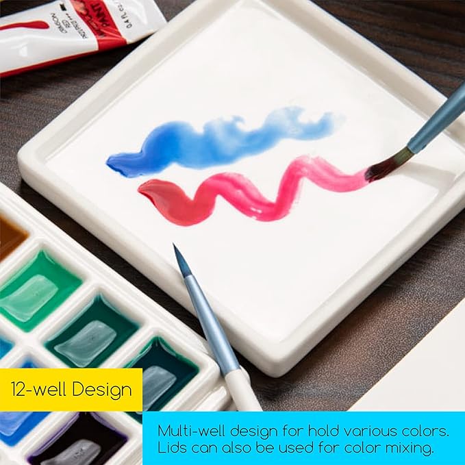 MEEDEN 3 Pack Ceramic Palettes with Cover, Painting Palette for Watercolor Gouache Color Mixing, Pure White Porcelain Palette, Multi-Functional Palette for Hobby and Crafts