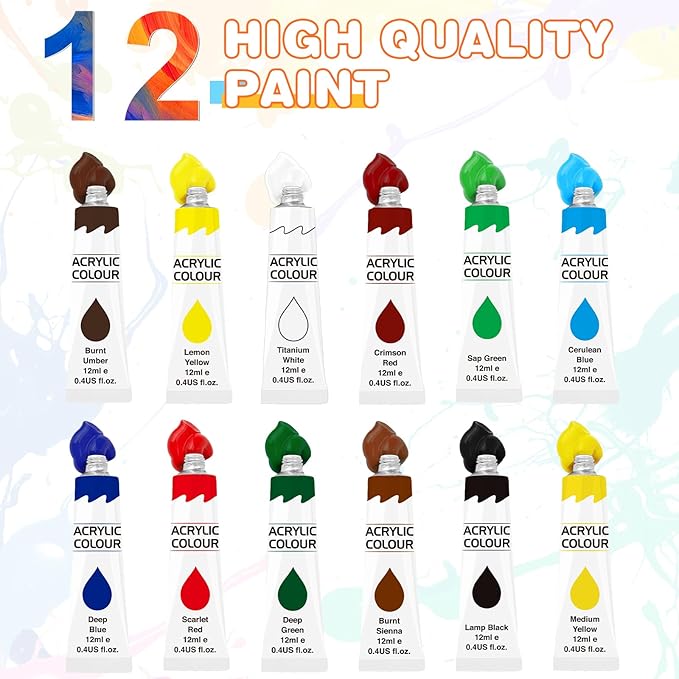 ESRICH Acrylic Paint Set 12 Colors (2 Pack) with 20 Paint Brushes, 24 Acrylic Paints for Adults, Kids, Beginner, Professional Artists, Non-Toxic Craft Paint kit for Paper, Canvas, Rock,Wood, Ceramic