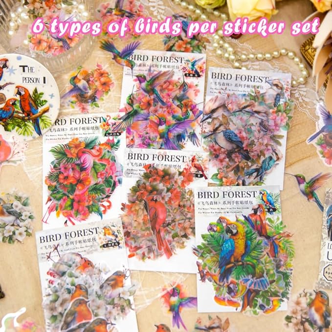 180 Pcs Clear Bird Flower Stickers for Scrapbooking – Vintage Watercolor Aesthetic Nature Forest Wildlife Botanical Sticker Pack for Journaling, Card Making, Resin Crafts