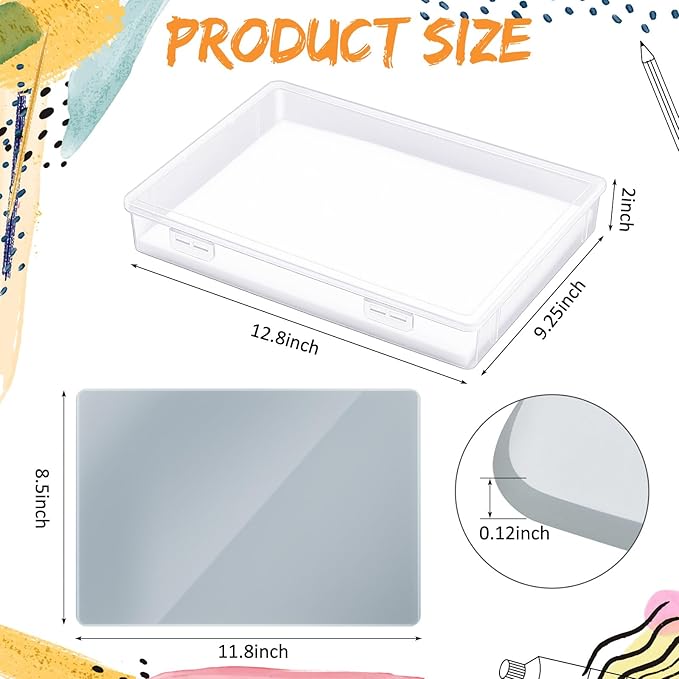Nuanchu 2 Pcs Handy Glass Oil Paint Palette Included 12.8 x 9.25 Inches Airtight Stay Wet Palette Container and 11.8 x 8.5 Inches Tempered Glass, Keeps Paint Fresh, Ideal for Travel Outdoor, Grey