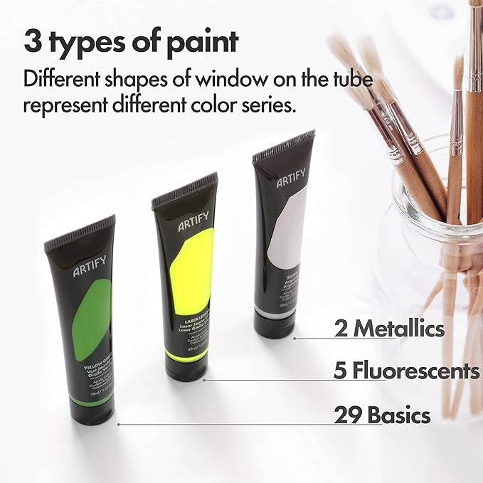 ARTIFY Acrylic Paint, Set Of 36 Color (1.29 oz, 38ml) with a storage box, Rich Pigments, Non Fading, Non Toxic Paints for Artist, Hobby Painters & Kids, Art Supplies for Canvas Painting