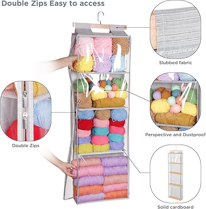 Yarn Storage Organizer with 4 Large Pockets, Clear Yarn Organizer and Storage with Zippers for Crochet Lovers, Hanging Yarn Storage with Over-Door Hooks for Knitting Needles Crochet Hooks