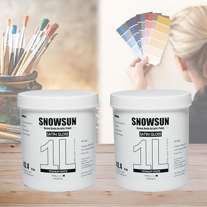 SNOWSUN Titanium White Acrylic Paint, 2 Pack 1 L /42.4 oz Large Bulk Acrylic Paints, Gloss Non-Toxic Heavy Body Paints - Thick Art Paints for Multi-Surface Canvas Wood Ceramic Fabric Wall- Ideal for Artists & Beginners