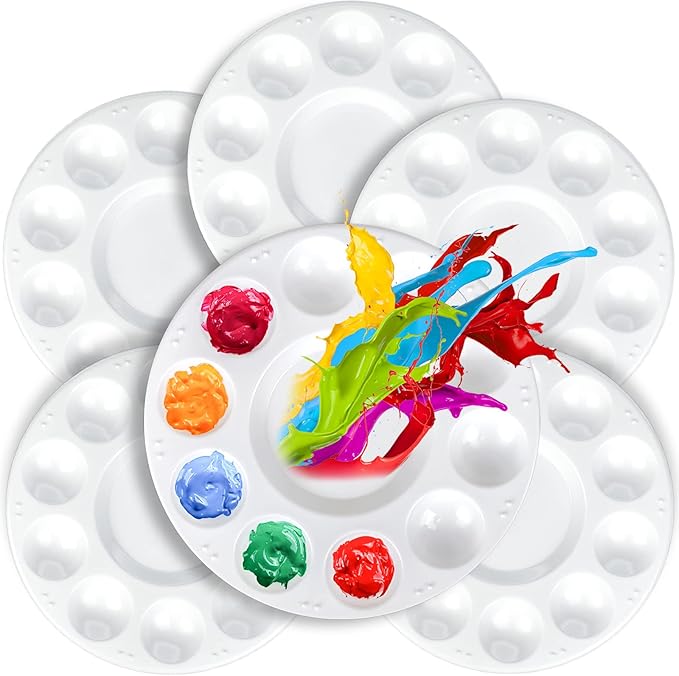 FANDAMEI Round Paint Palettes Plastic Paint Tray Palettes, 6 PCS Paint Tray Palettes, Paint Pallets with 10 Wells for Adults & Kids, for Painting or DIY Craft Class, White
