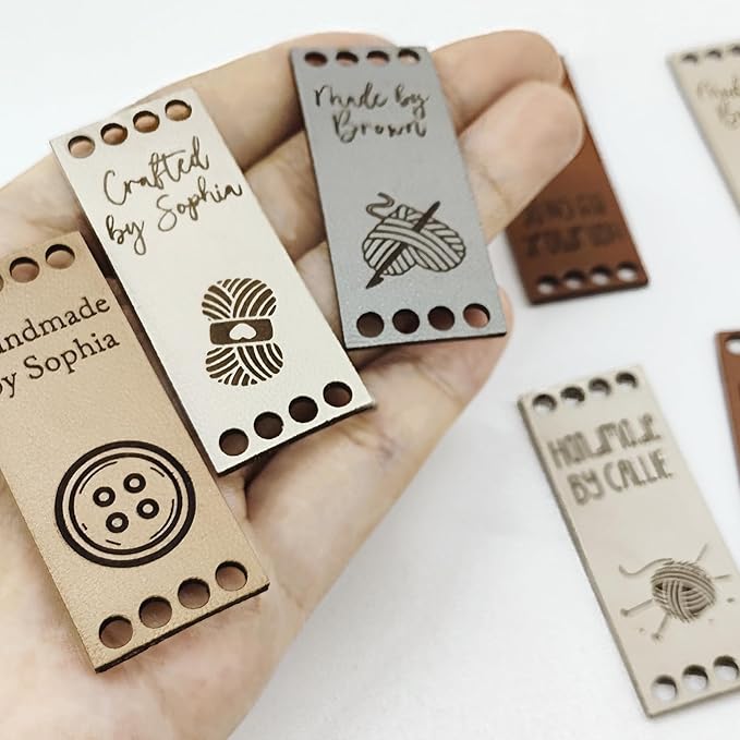callie Personalized 10-100Pcs Handmade Leather Tags - Custom Text & 15 Pattern, Made with Love Labels for Crochet Items, Gifts for Knitting Sewing Crafting Lovers