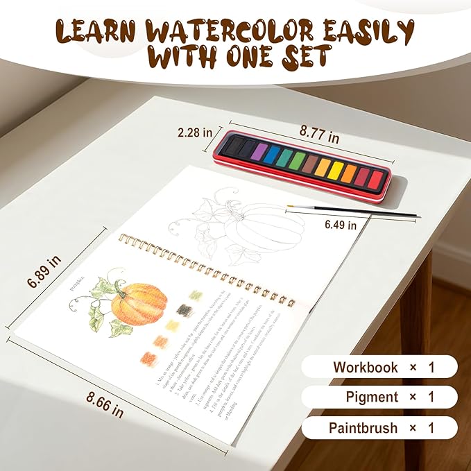 Kivzex Watercolor Workbook for Adults, Beginner Friendly Watercolor Painting Kit Autumn Water Coloring Book, Nature-Themed Practice Art Gift Water Color Paint Book with Palette and Brush