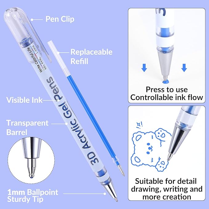 3D Acrylic Gel Pen,48 Colors gel Pens With 1mm Bullet Tip Point, Acrylic Paint Pens for Black Paper,Rock Painting, Glass, Wood, Fabric,Cards,Scrapbook,DIY Art Crafts