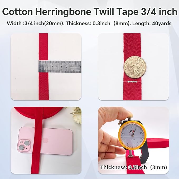 3/4 inch Red Herringbone Twill Tape Ribbon for Sewing,Ties,Gift Wrapping Home Deco-40 Yards Natural Cotton Webbing Straps-Bias Binding Tape for Handles, Crafts & DIY Projects