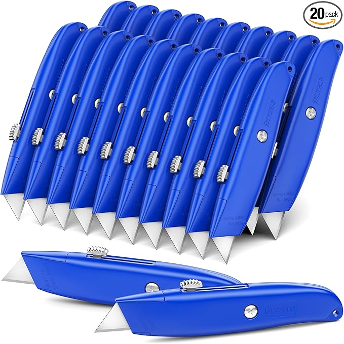 DIYSELF Utility Knife, 20 Pack Heavy Duty Box Cutter Retractable, Box Cutter Knife, Box Opener, Cardboard Cutter, Utility Knives for Garage, Home and Office, PVC Pipe Cutter (Blue)