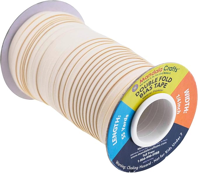 Mandala Crafts 55 Yards 1/4 Inch Cream Double Fold Bias Tape for Sewing - Bias Binding Tape for Quilting Binding, Hemming, Seam, and Fabric Piping