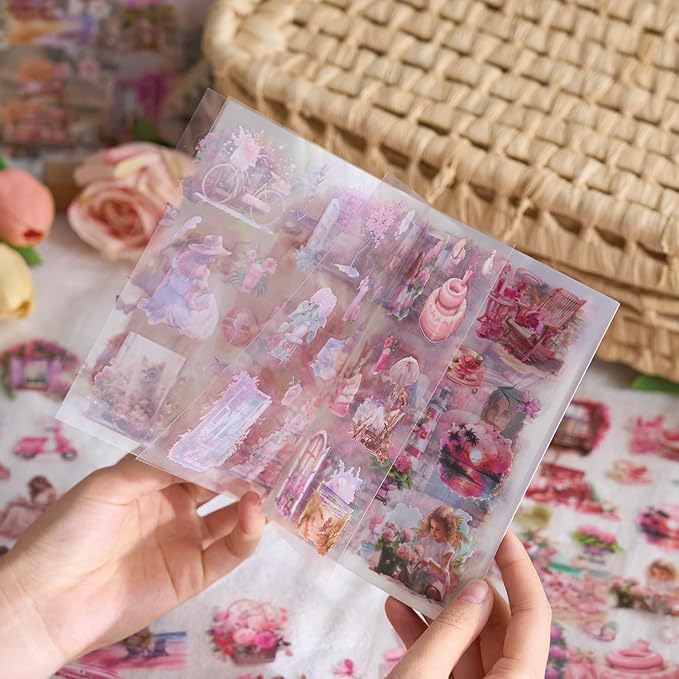 MAFELOE 20 Pages PET Scrapbook Stickers, Aesthetic Deco Supplies for Journaling Junk Bullet Diary Album Calendars-Travel Scenery Series-Pink (Y3-P-SSYS)
