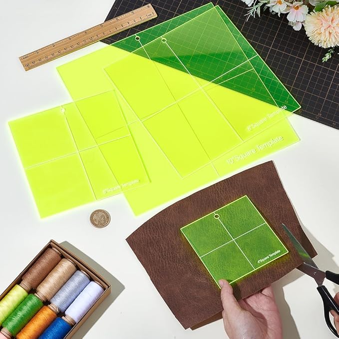 Peacoblue 4Pcs Acrylic Square Quilting Template Set 4",6",8",10" Accurate Cutting Quilting Ruler for Layer Cakes, Patchwork & Quilts Long - Lasting, Non - Slip Design for Sewing & Craft Creations