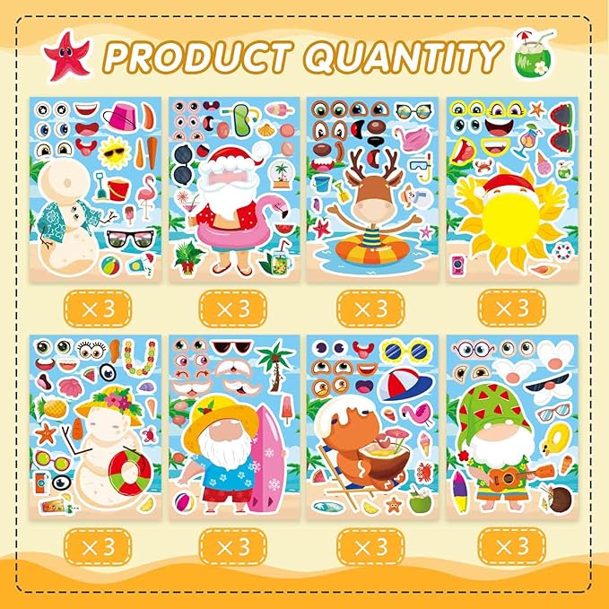 24 PCS Hawaiian Tropical Summer Stickers for Kids, July Christmas Stickers, Make Your Own Mix and Match Sticker with Santa Claus, Reindeer, Gingerbread Man and Snowman, Summer Holiday Party Favor