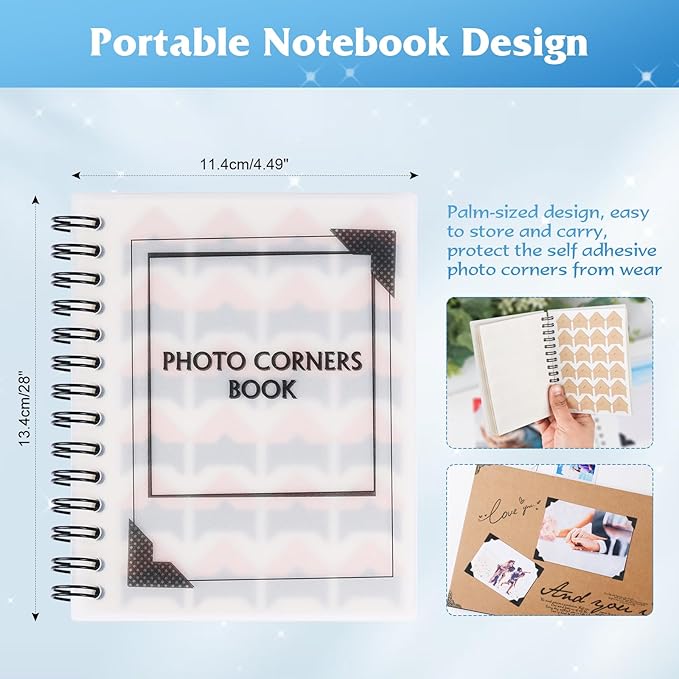 GOONAVI 15 Sheets 360 PCS Multicolor Acid-Free Photo Corners Notebook, Self-Adhesive Photo Corners for DIY Photo Album Journal, Photo Corner Stickers for Trip Journal Memory Book