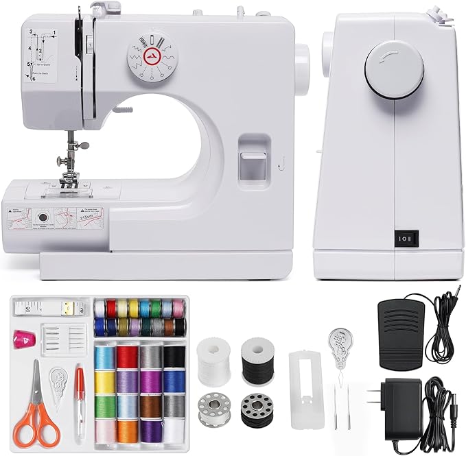 Portable Mini Sewing Machine for Beginners, Easy to Use with LED Light, 12 Built-in Stitches, 2 Speed with Foot Pedal, Reverse Sewing & 42-Piece Kit for Adults, Home, Travel, and Craft Projects