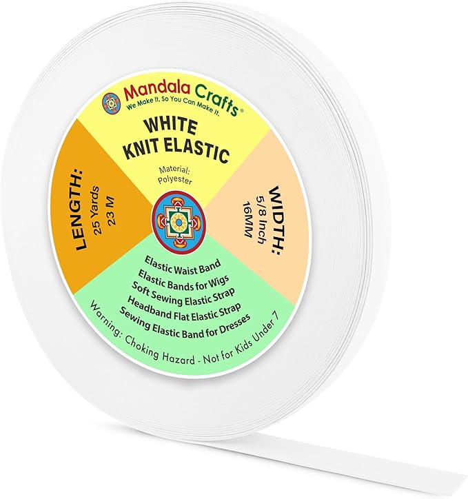 Mandala Crafts Wide 5/8 Inch White Elastic Bands Spool for Pants Waistbands Sewing and DIY Crafts, 25 YD Stretchy Flat Fabric Strap Knit Elastic Band for Wig