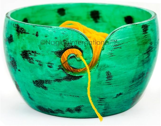 Nagina International Exquisite Yarn Ball Storage Bowls | Hand Painted Lovely Decor Yet Functional Yarn Dispenser (Medium ( 7 x 3 x 7 Inches ), Chameleon Green)