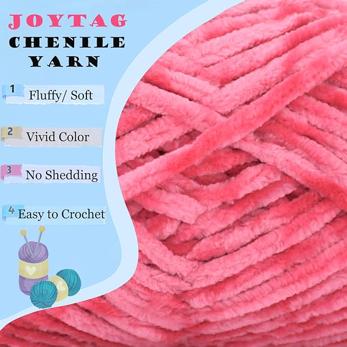 Velvet Chenille Yarn for Crocheting Hot Pink Velvet Fluffy Plush Thick Bulky Chunky Chenille Velvet Soft Baby Blanket Yarn for Crocheting Hand Knitting 100g-Hot Pink