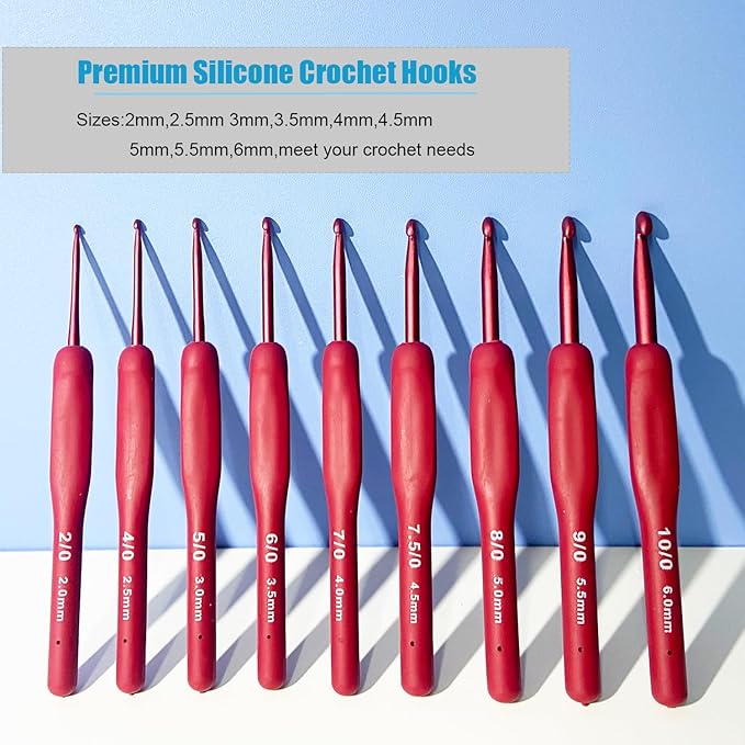 Ergonomic Crochet Hooks Set,Silicone Crochet Hook Knititng Needles for Arthritic Hands Premium Soft Grip Crochet Handles for Crocheting Yarn Craft Projects(2.0mm-6mm,Red)