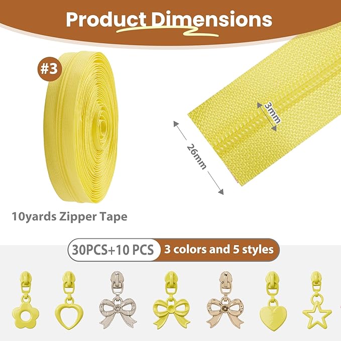 Mylbeter #3 Nylon Coil Zippers by The Yards Yellow Bulk Zippers 10 Yards with 40PCS Sliders Continuous Zipper Tape for DIY Bag Clothing Sewing Crafts Gold Pull Sliver Slider Zipper for Bags and Purses