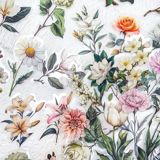 50pcs White Flower Scrapbook Stickers – Vintage Botanical Clear Floral Aesthetic Stickers for Journaling, Scrapbooking, Cards, Planners