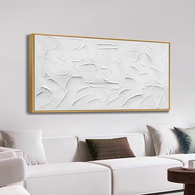 Large Size Hand-Painted Oil Painting on Canvas Gold Frame White Textured Wall Art Abstract Minimalist 3d Artwork Neutral Wall Picture Home Decor for Living Room Bedroom Office Ready to Hang 60x40inch