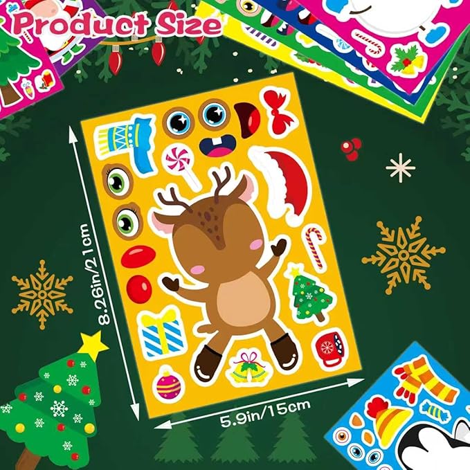 24 Sheets Christmas Stickers for Kids - Xmas Stocking Stuffers, Make-a-face Sticker, Make Your Own Stickers, Christmas Party Games Decorations, Winter Holiday Craft Supplies Xmas Gifts