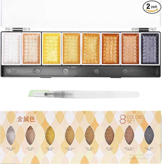 LIGHTWISH Metallic Waterolor Paints,8 Shimmery Gold Colors, Artist Glitter Solid Watercolors with 1 Water Brush Pen for Artists, Students and Painting Beginners