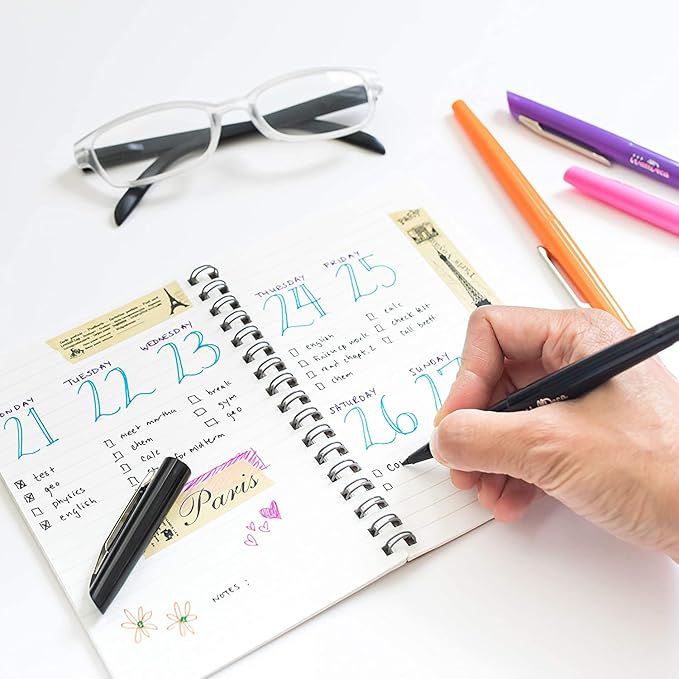 WallDeca Fine Point Felt Tip Pens (0.5mm), Vibrant Multi-Colored Writing Set With Smooth-Flowing Ink, No Bleed Markers for Journals and Note Taking, Everyday Writing and Colorful Doodling (8-Pack)