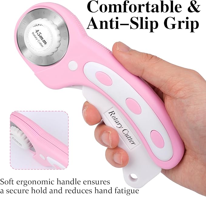 45mm Rotary Cutter for Fabric, Fabric Cutters with 5pcs Extra Rotary Blades, Roller Cutter Set for Sewing, Quilting, Leather & Craft Projects (Pink)